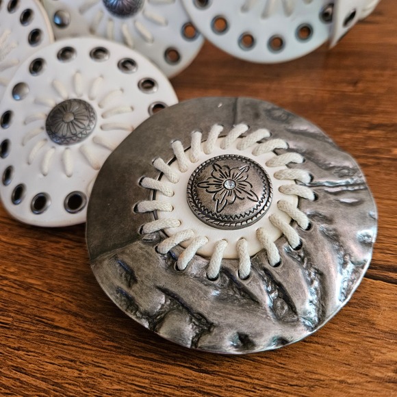 Western Concho Belt White Faux Leather Circles Silver Floral Medallions Large - Picture 2 of 7